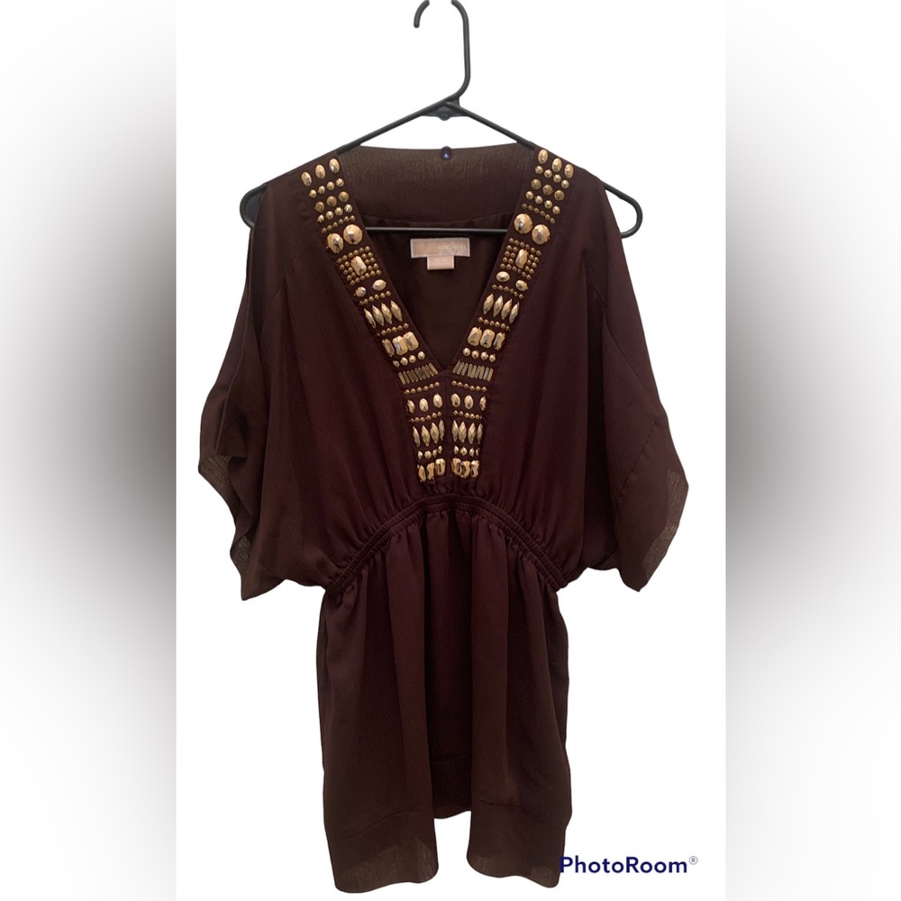 Michael Kors chocolate brown with gold embellished deep v-neck top, Medi…